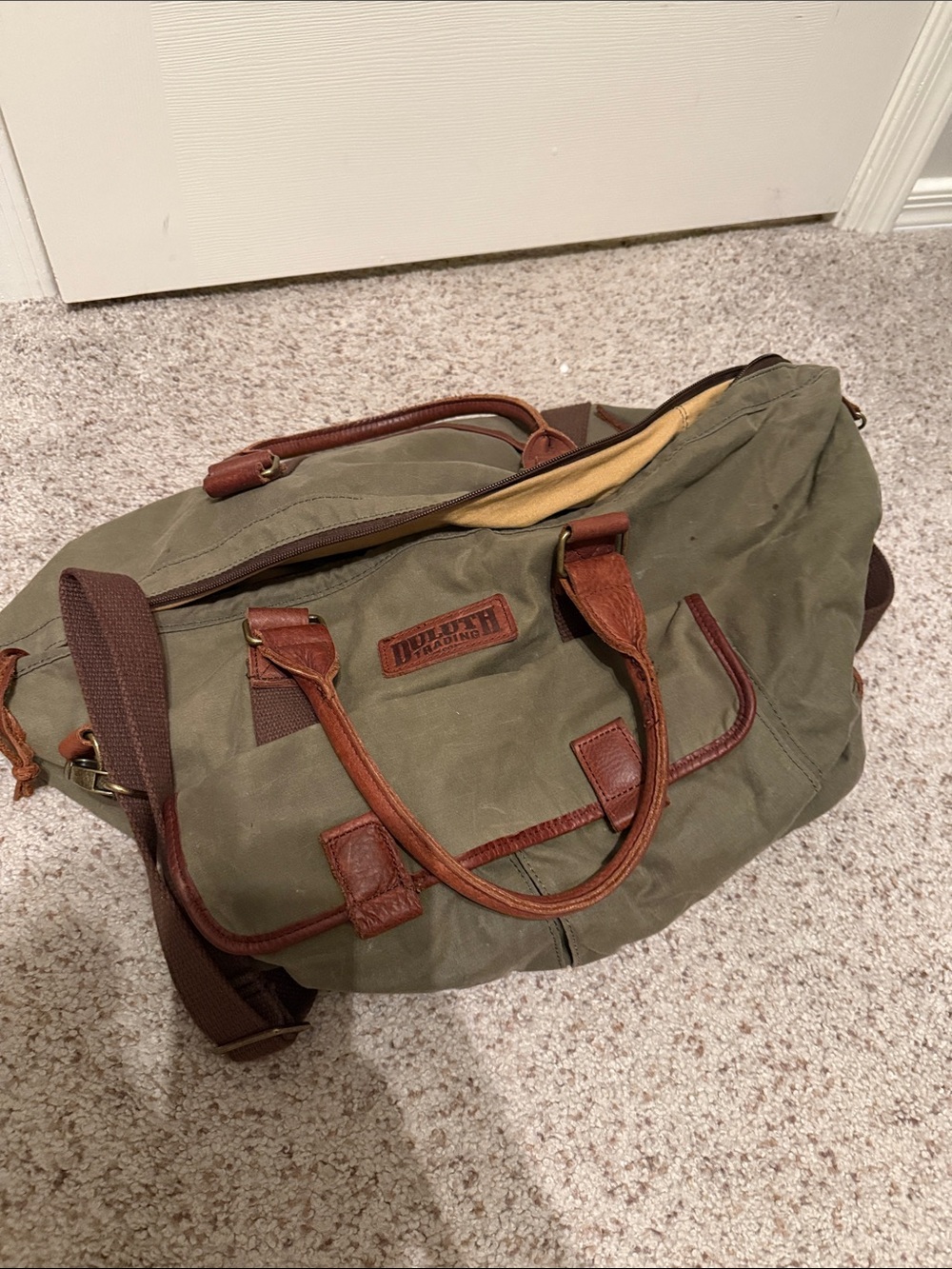 Duluth Trading Co Olive Canvas Duffel with Brown Leather Trim